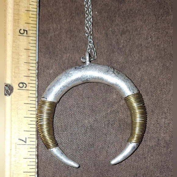 Mixed Metal Double Horn Crescent Silvertone Statement Pendant Necklace - Picture 2 of 7